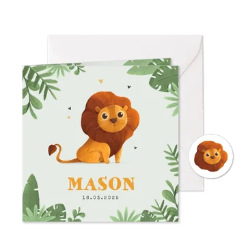 Geboortekaartje jongen leeuw jungle dieren hartjes